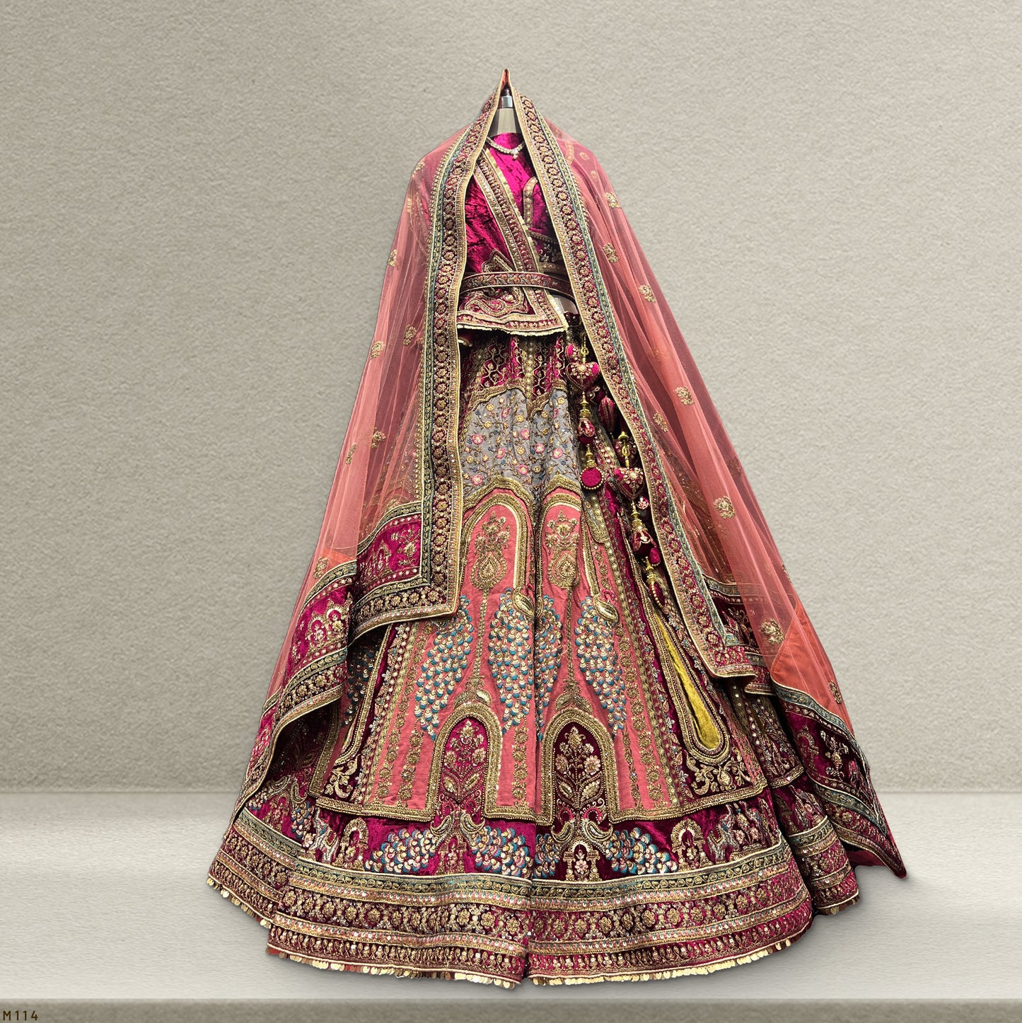 Heavy Bridal Velvet Lehenga with Double Dupatta, Heavy Latkan, and Big Flare: A Regal Bridal Ensemble