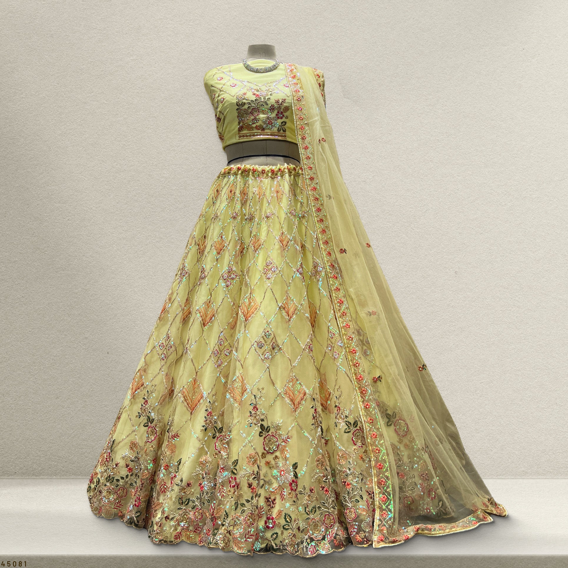 Yellow Glass Tissue Embroidered Lehenga