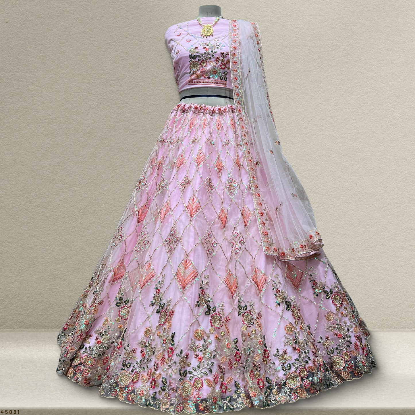 Pink Glass Tissue Embroidered Lehenga