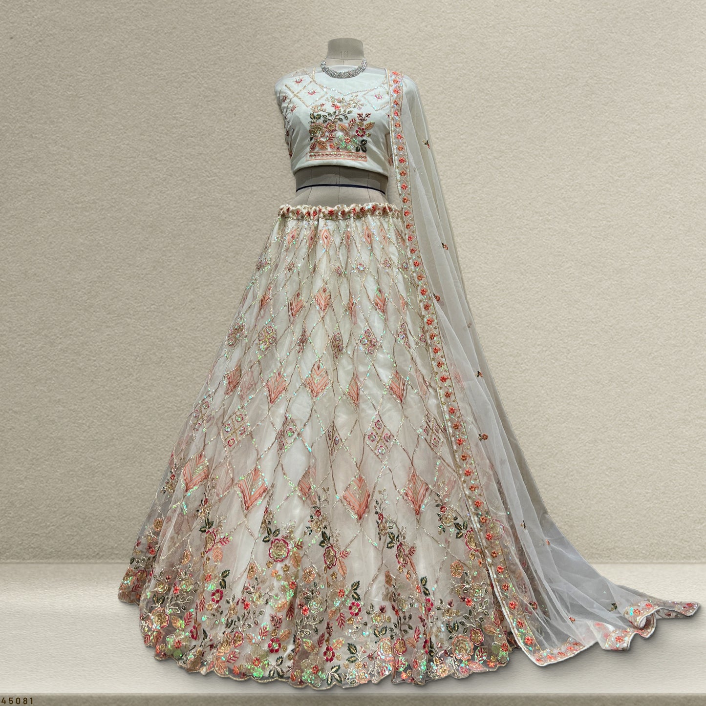 White Glass Tissue Silk fabric Embroidered Lehenga