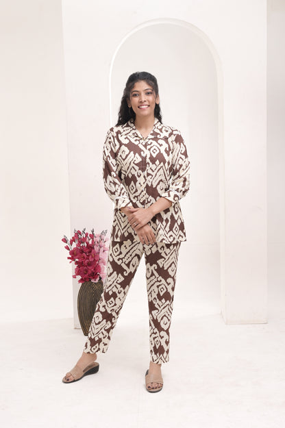 Women’s Brown Printed Rayon Co-ord Set – Comfortable and Versatile